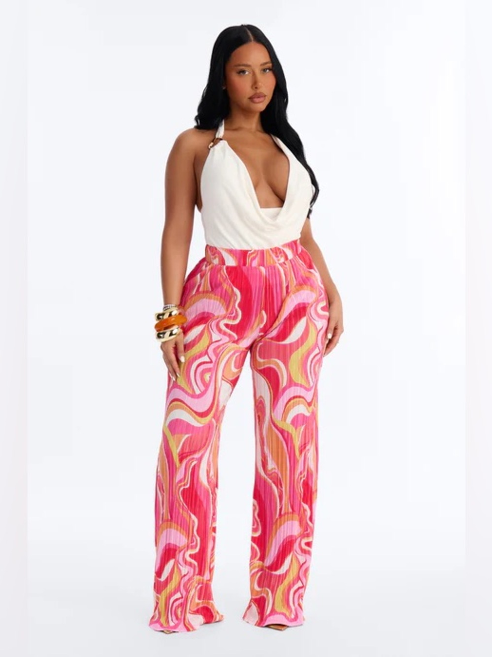 Fashion Nova Pink & Yellow Swirl Wide-Leg Plisse Pants